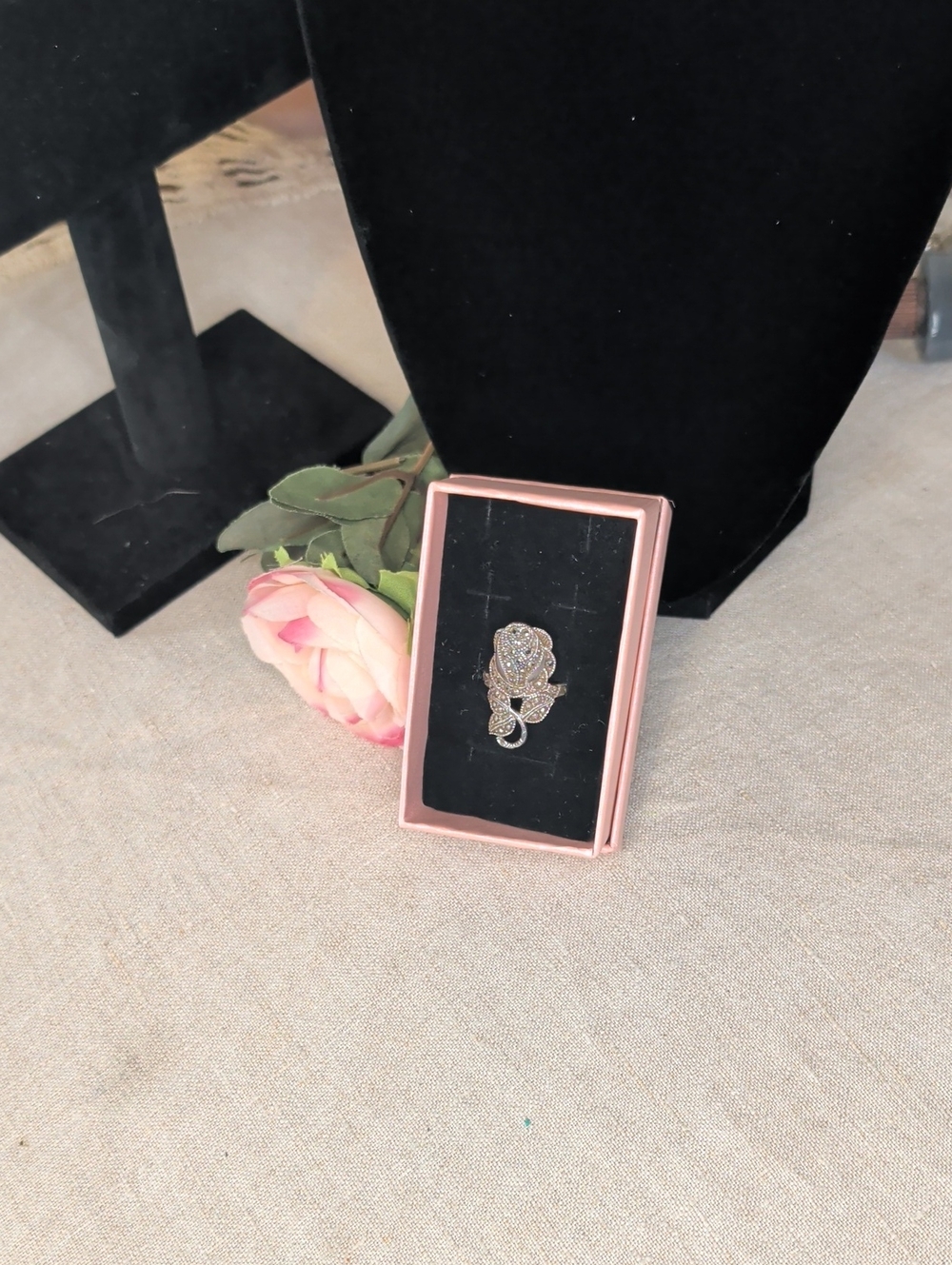 Whimsigoth Unique Vintage Rose Ring Rhinestones Silvertone Size 7.75